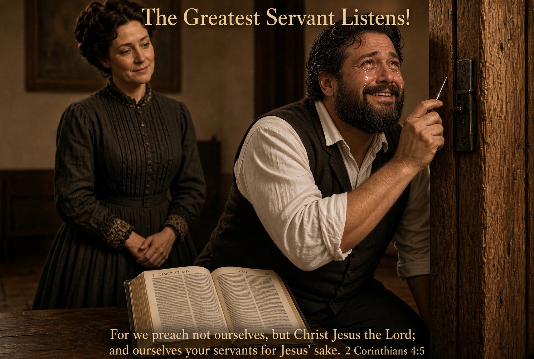An emotional man listening intently, with tears on his face, while holding a small tool near a door, as a woman in a vintage dress observes him thoughtfully. A large open book is positioned in the foreground, featuring a passage from the Bible.